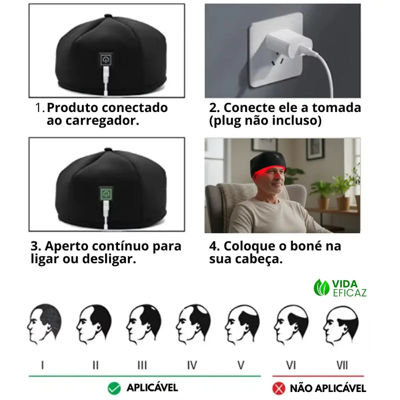 Boné de Luz Vermelha e Infravermelho Para Crescimento Capilar - Vida Eficaz